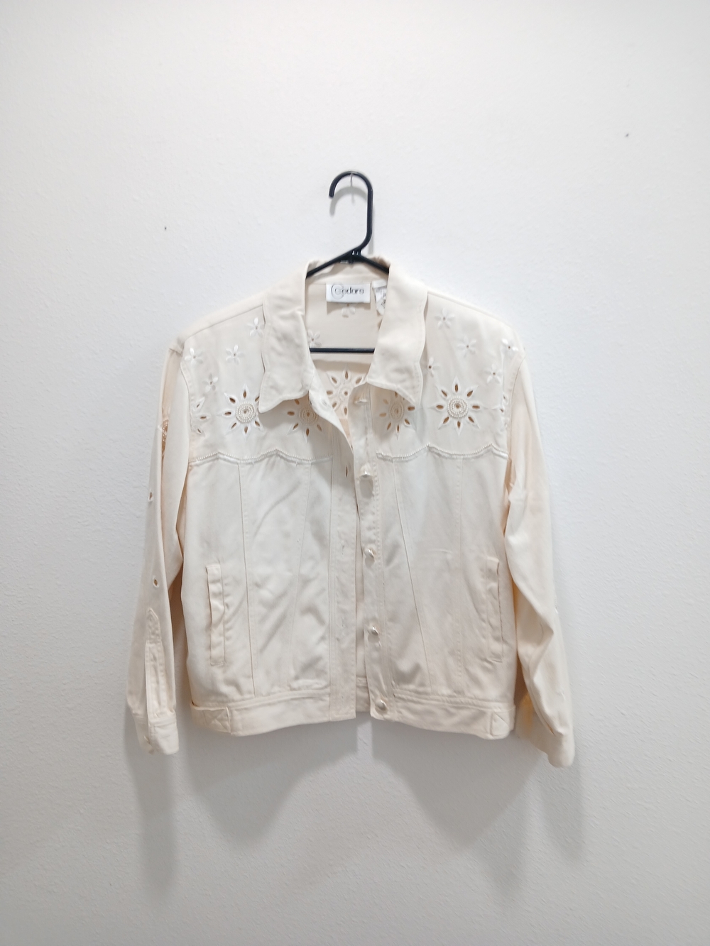Vintage Cedars Denim Jacket M Embroidered Eyelet Pearls Flowers Cream Ivory READ